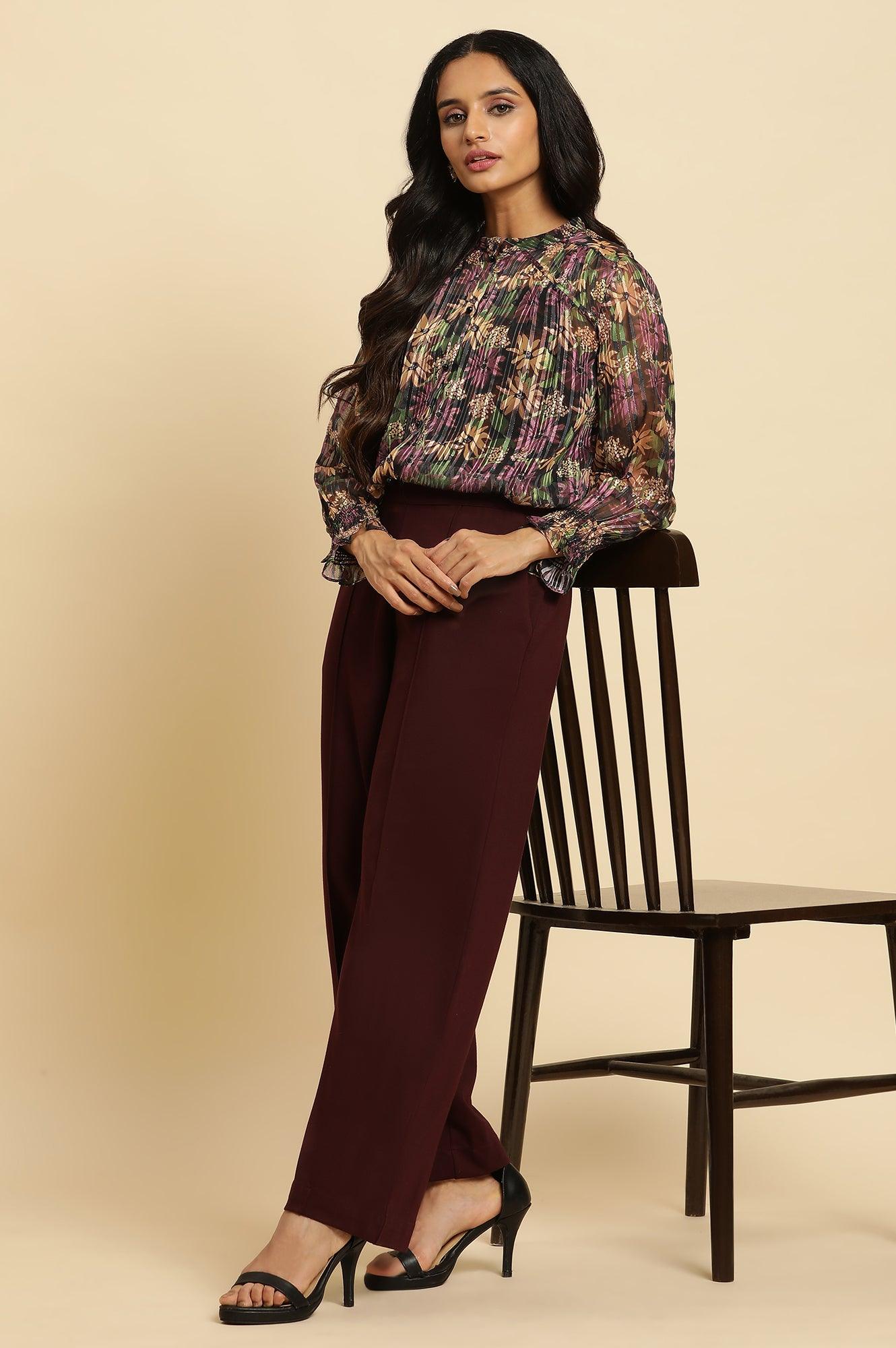 Purple Floral Printed Chiffon Lurex Top - wforwoman