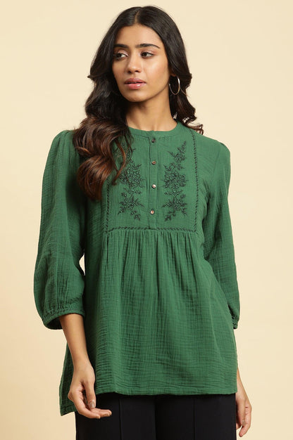 Dark Green Embroidered Western Top - wforwoman