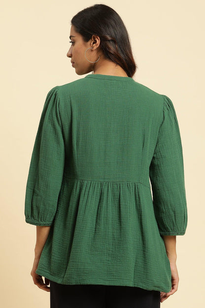 Dark Green Embroidered Western Top - wforwoman