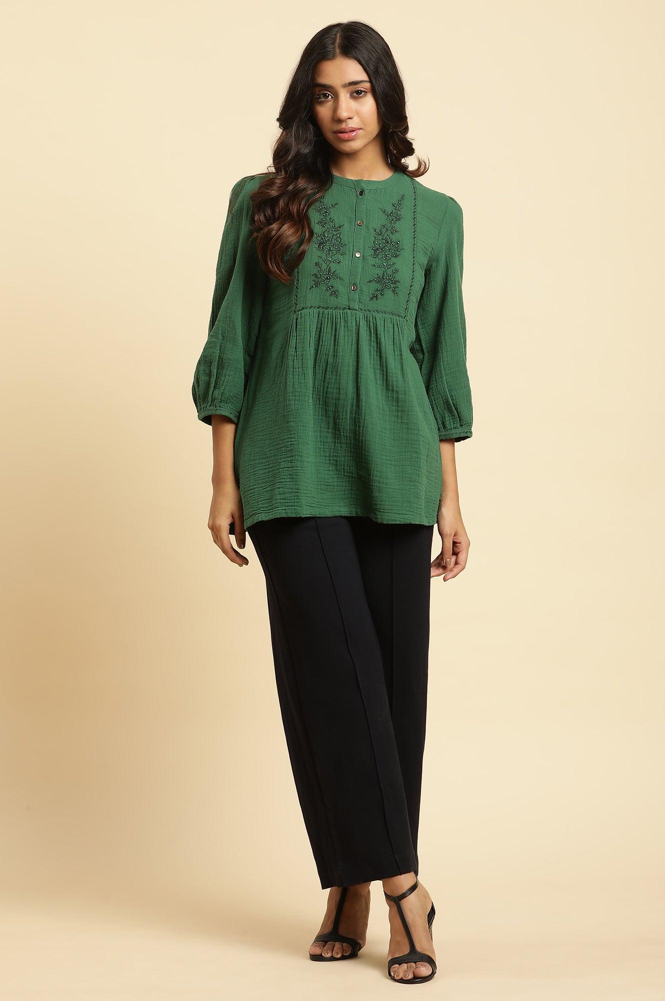 Dark Green Embroidered Western Top - wforwoman