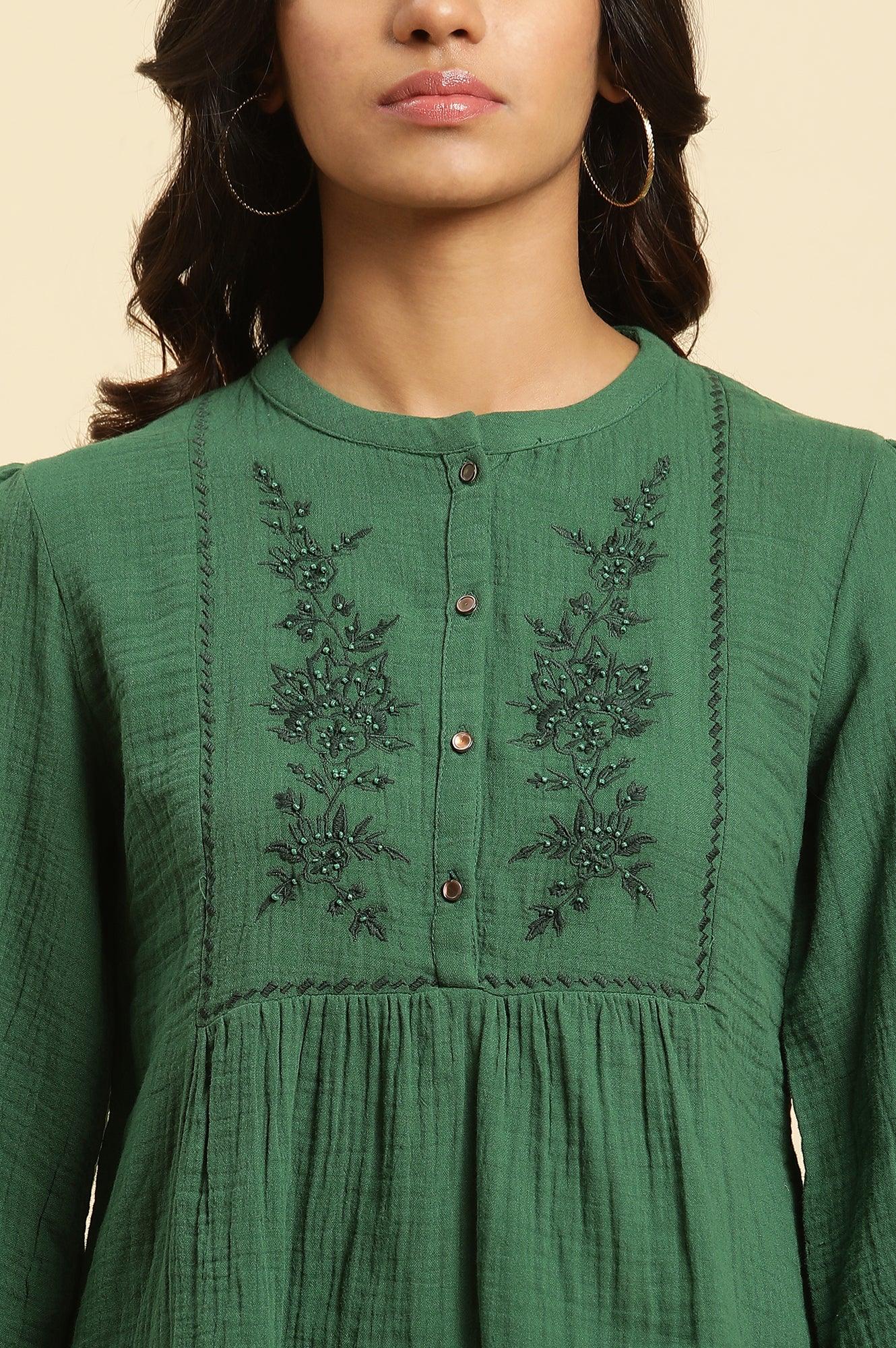 Dark Green Embroidered Western Top - wforwoman