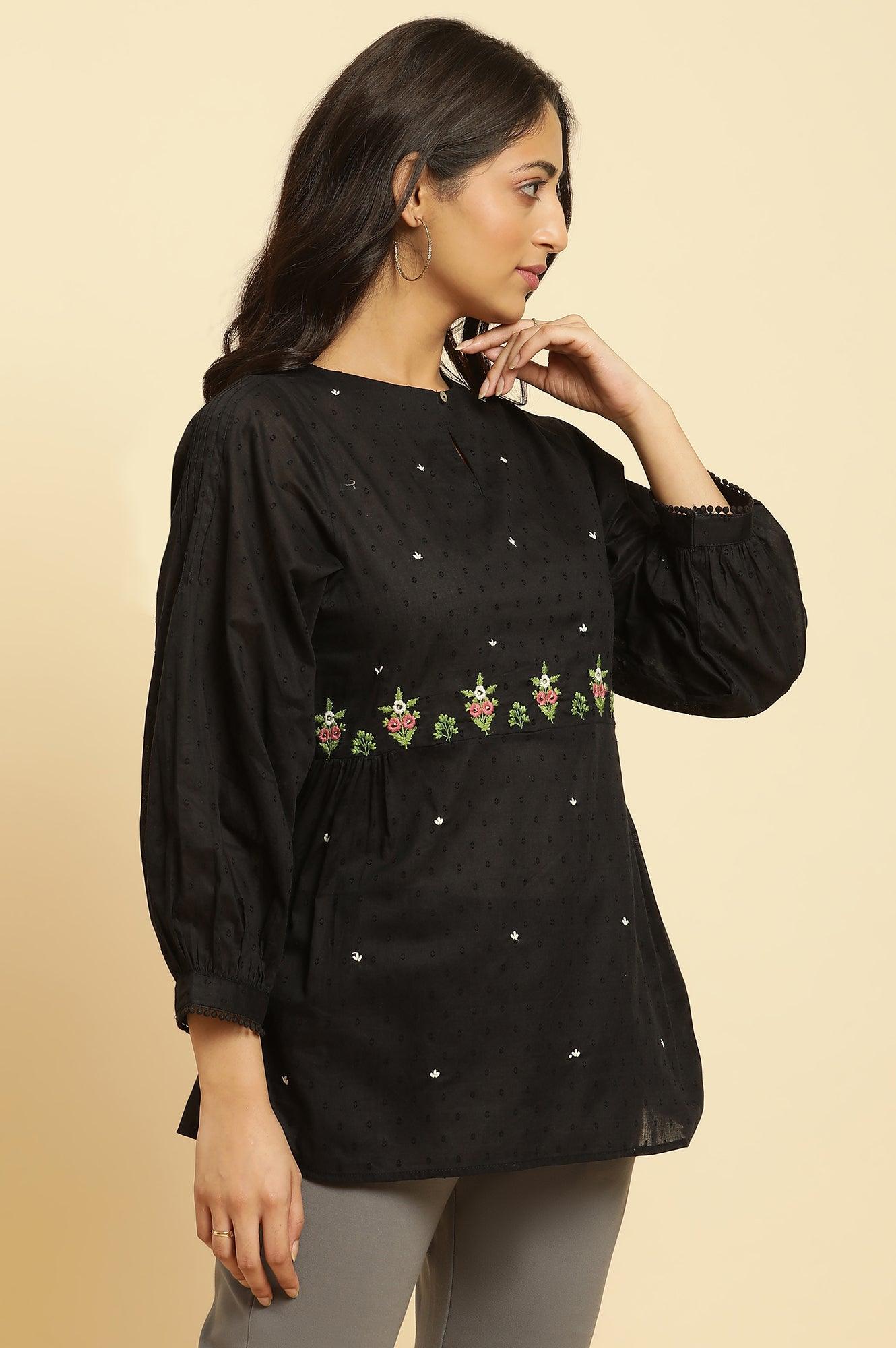 Black Floral Embroidered Western Top - wforwoman