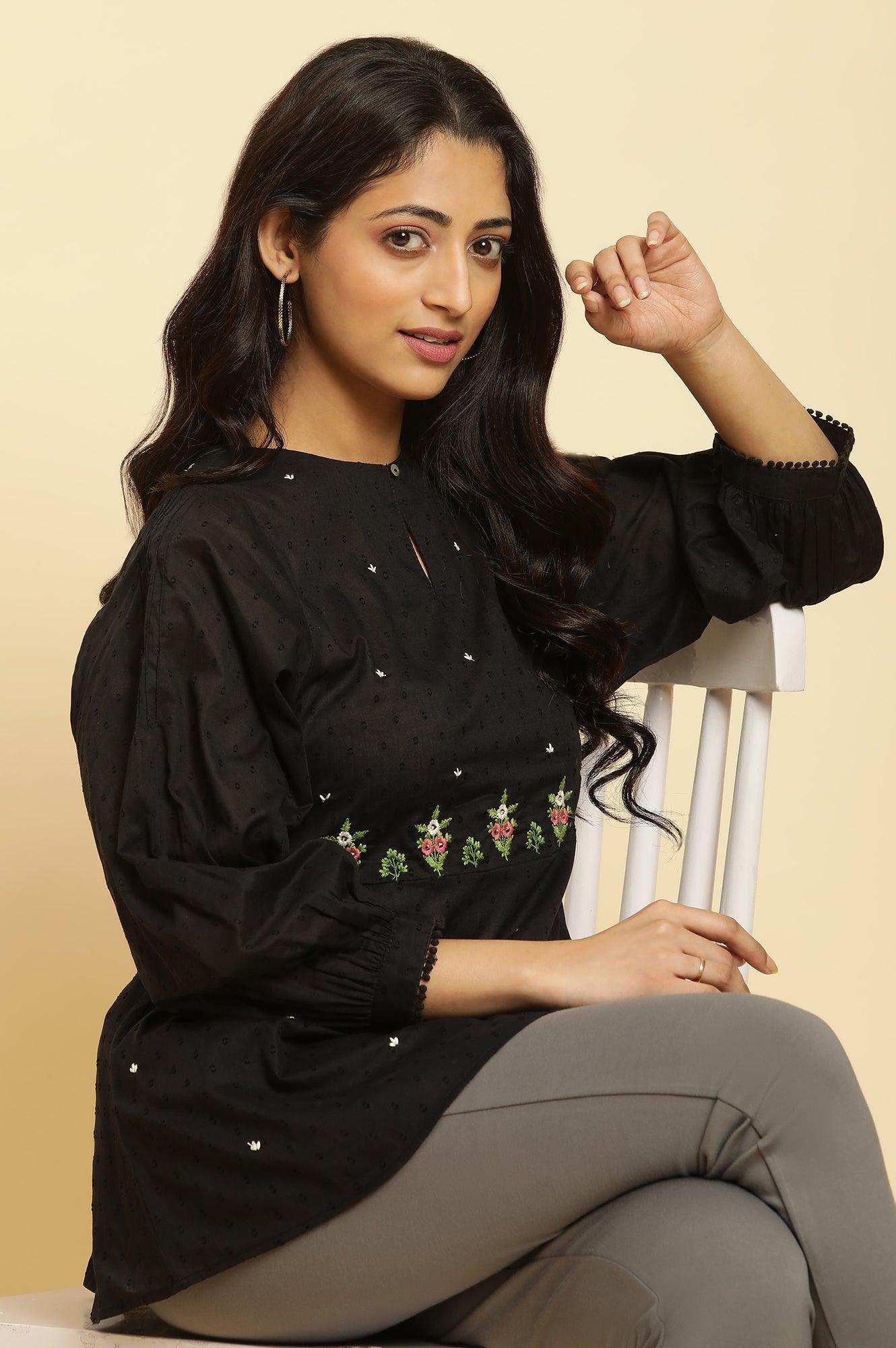 Black Floral Embroidered Western Top - wforwoman