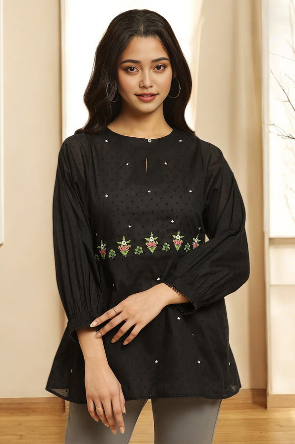 Black Floral Embroidered Western Straight Top
