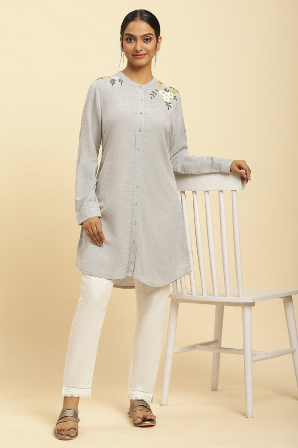 Ecru Check And Embroidered Tunic