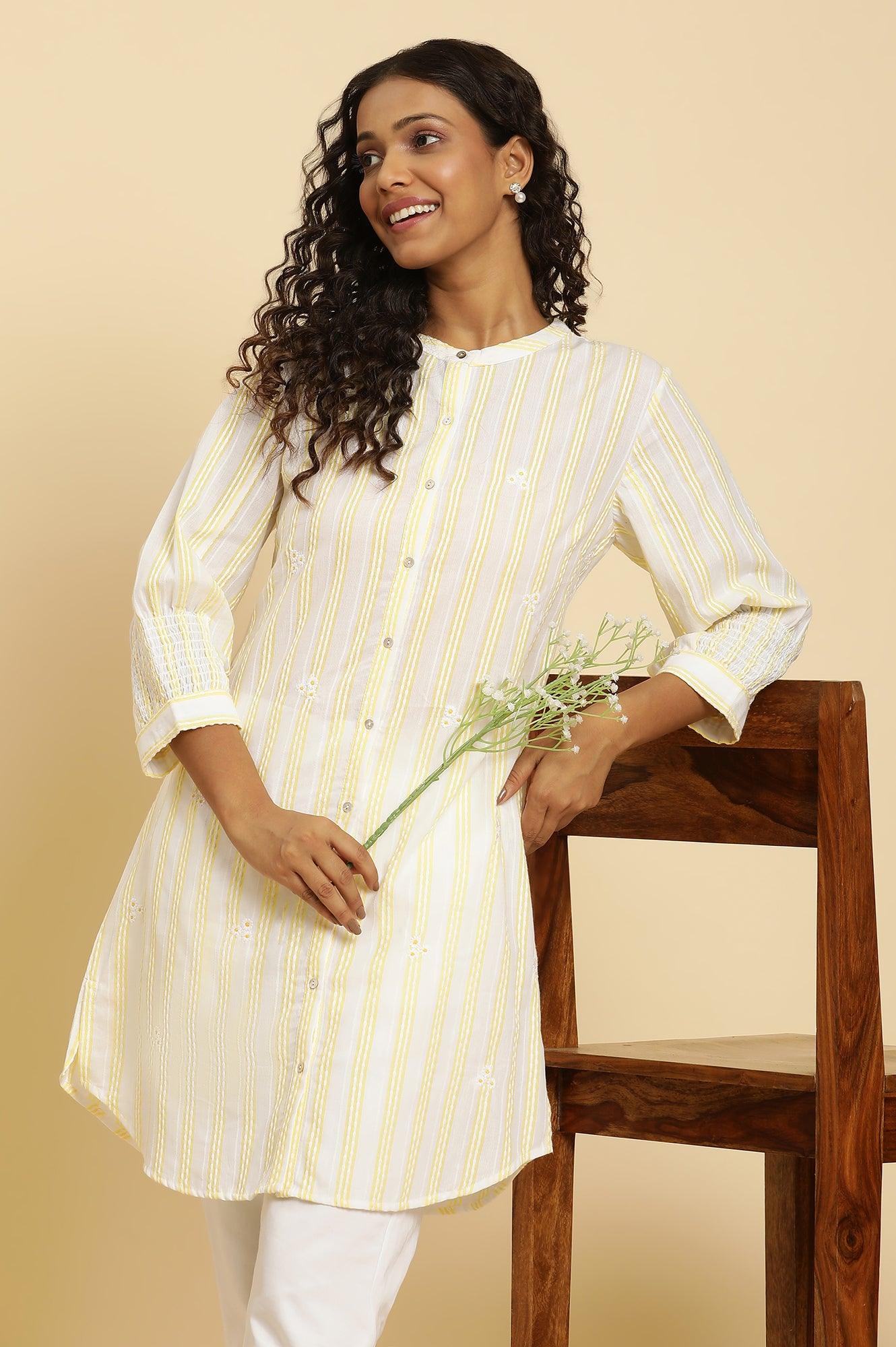 Ecru Stripe Printed Tunic With Floral Thread Embroidery - wforwoman