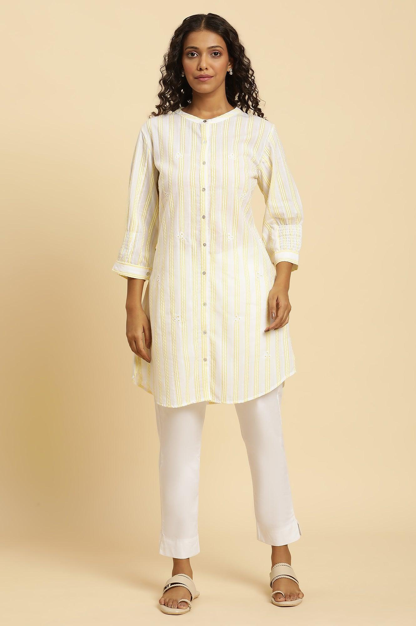 Ecru Stripe Printed Tunic With Floral Thread Embroidery - wforwoman