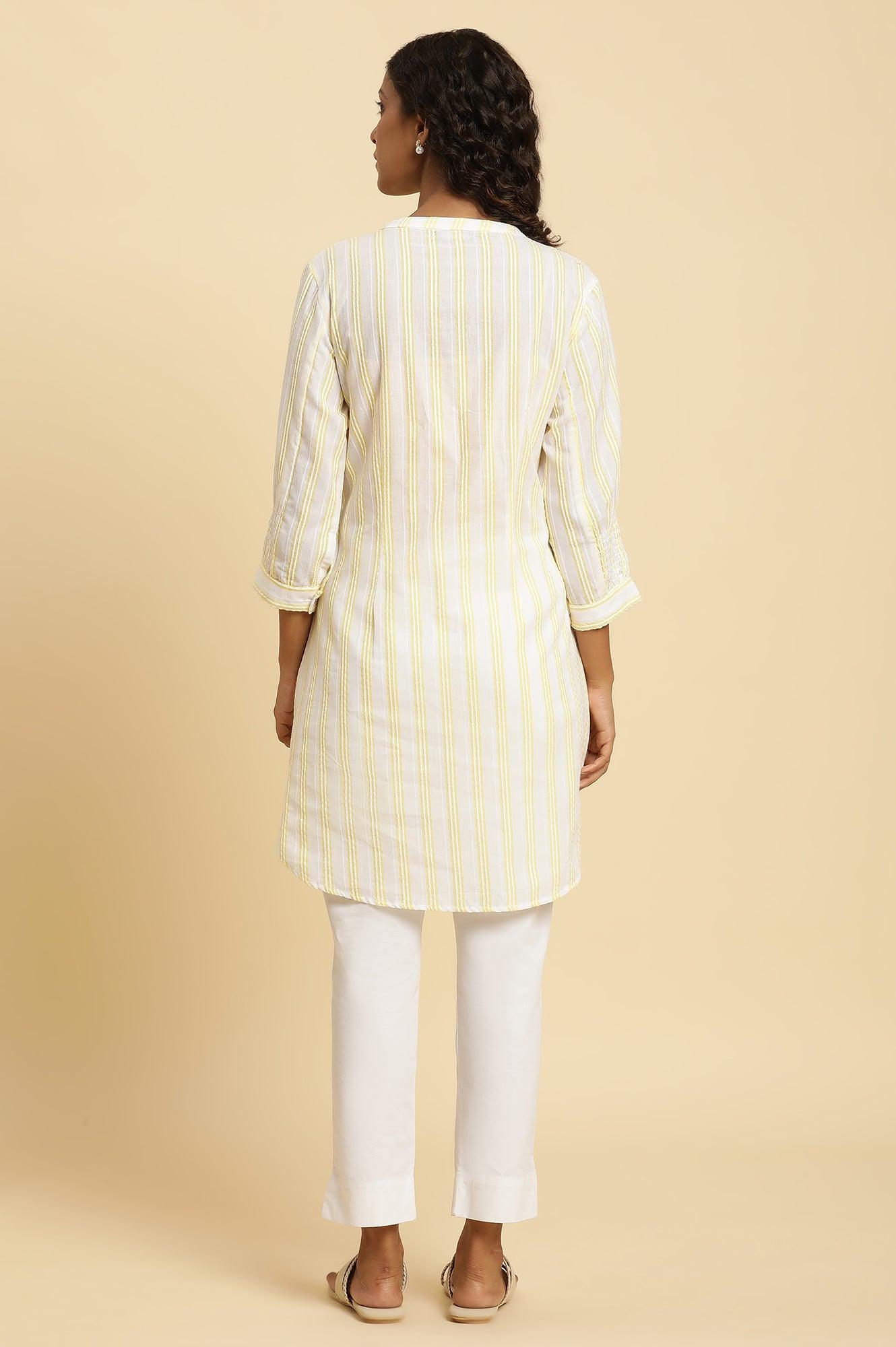 Ecru Stripe Printed Tunic With Floral Thread Embroidery - wforwoman