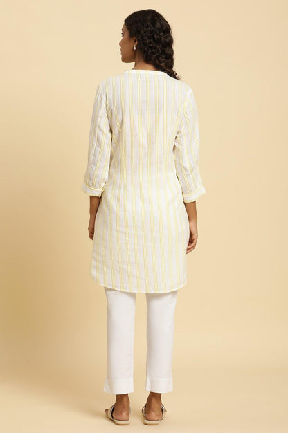 Ecru Stripe Printed Tunic With Floral Thread Embroidery - wforwoman