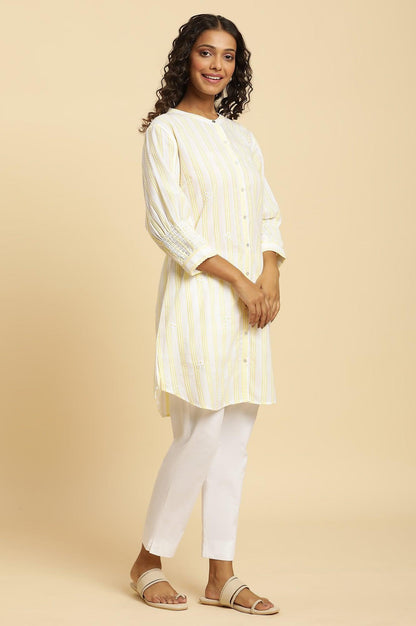 Ecru Stripe Printed Tunic With Floral Thread Embroidery - wforwoman
