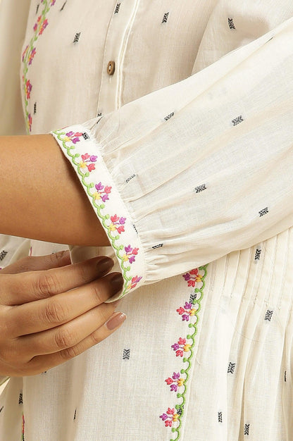 Ecru Yarn Dye Embroidered Top With Pleats - wforwoman