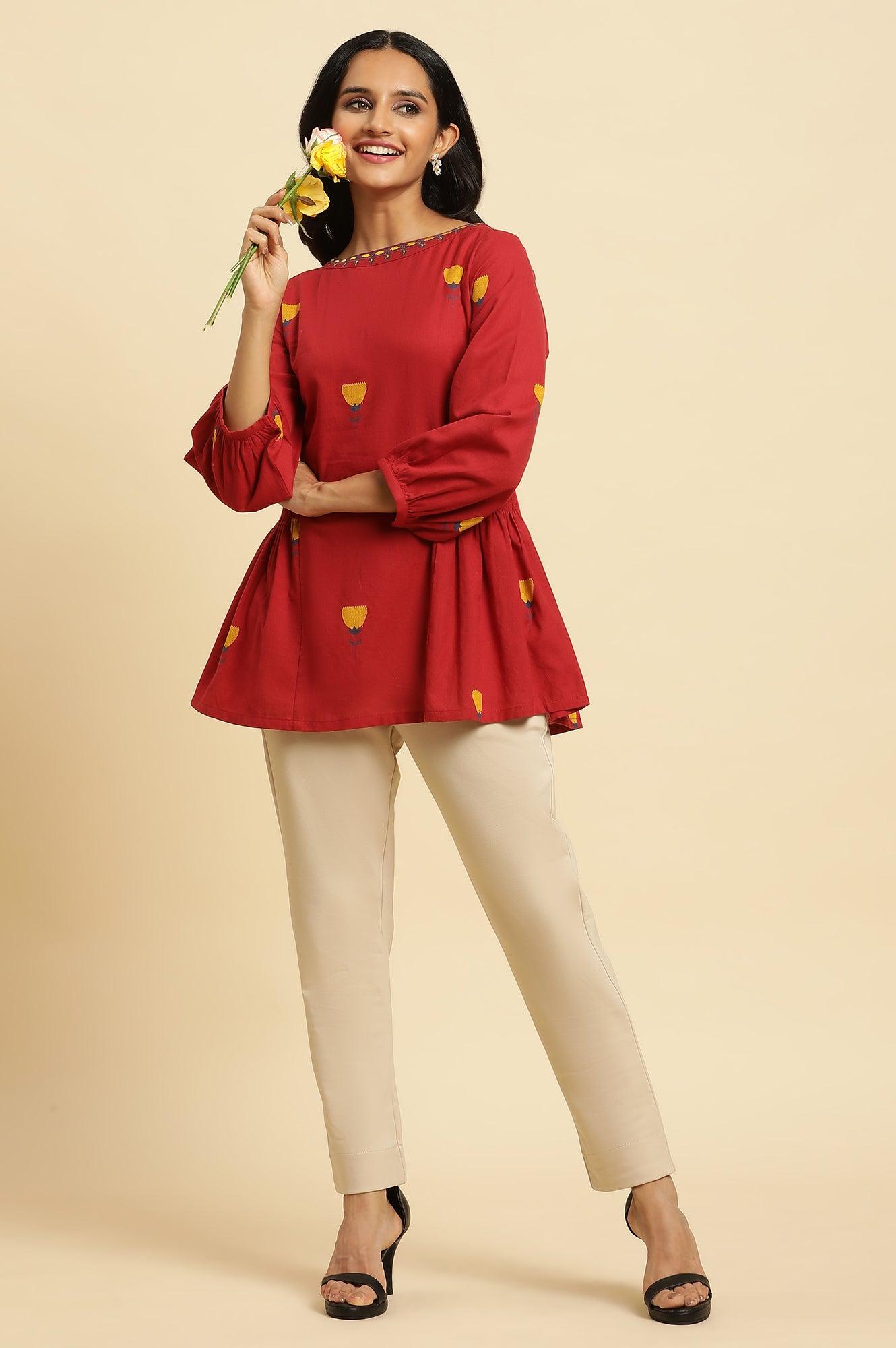 Red Yarn Dye Top With Smocking - wforwoman