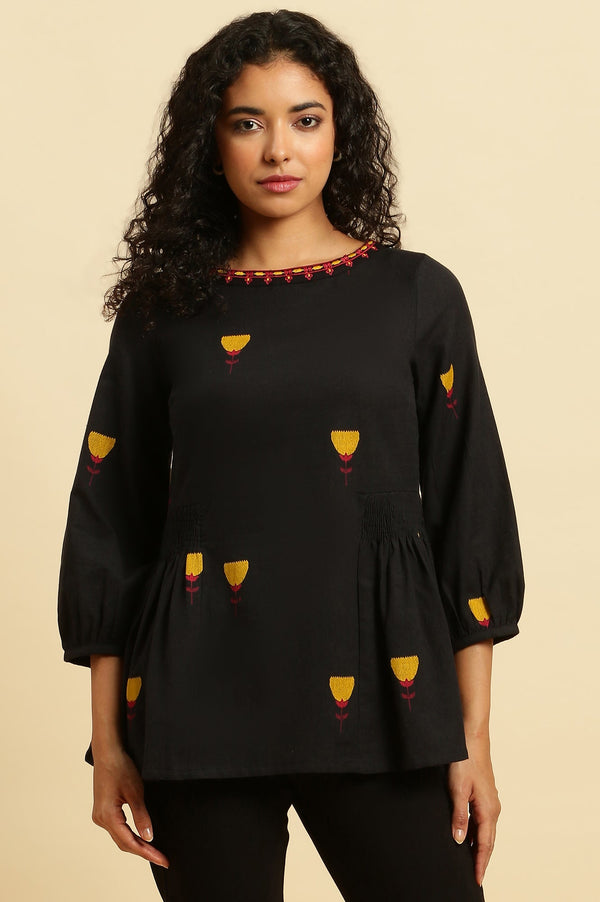 Black Yarn Dyed Smocked Peplum Top