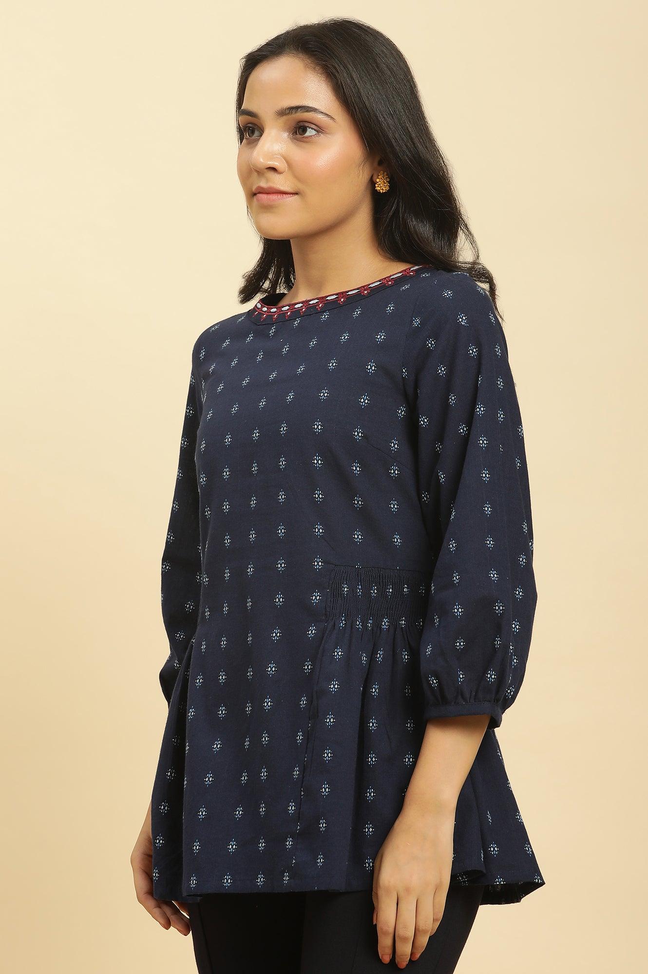 Blue Yarn Dye Top With Smocking - wforwoman