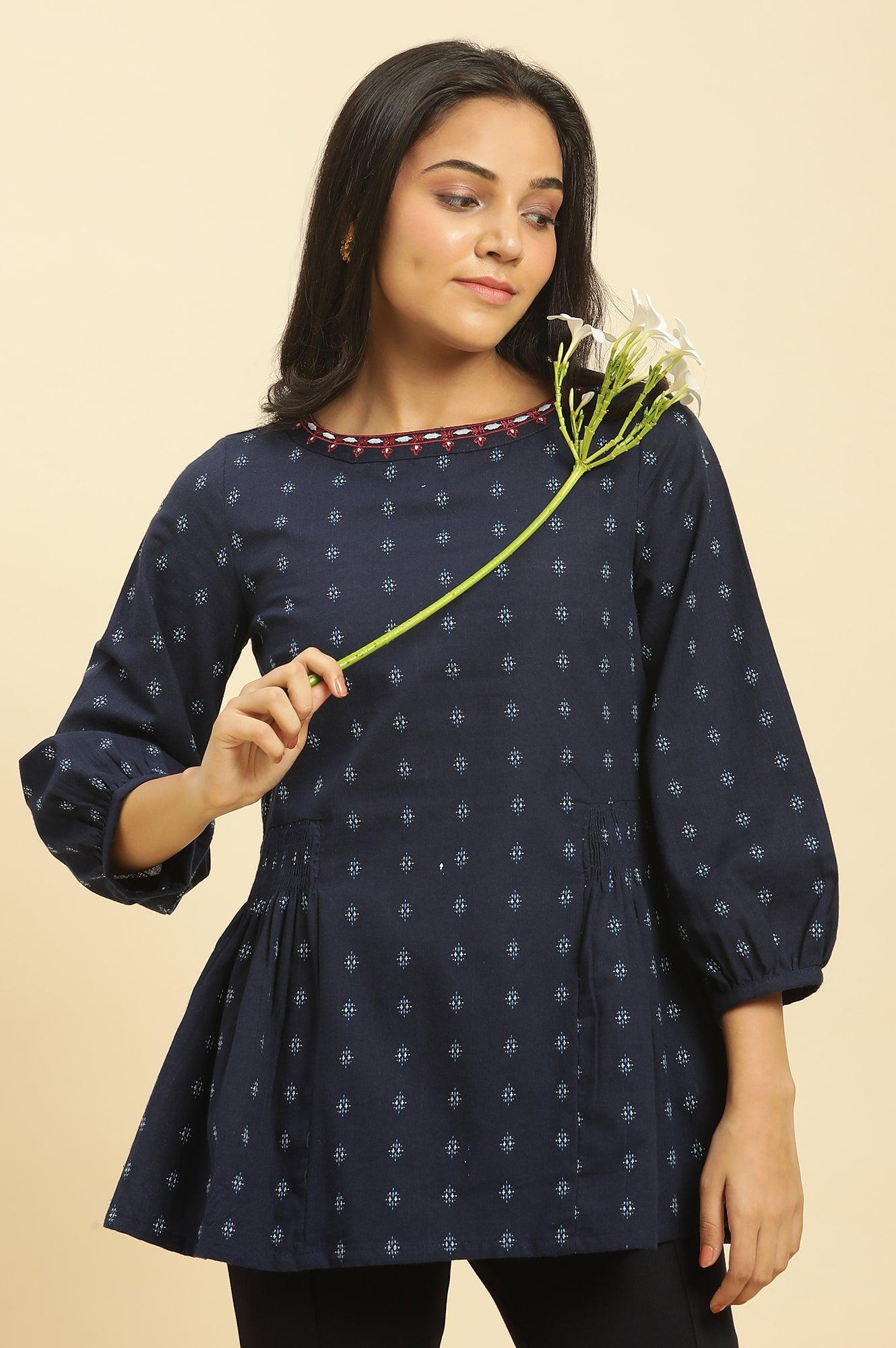 Blue Yarn Dye Top With Smocking - wforwoman