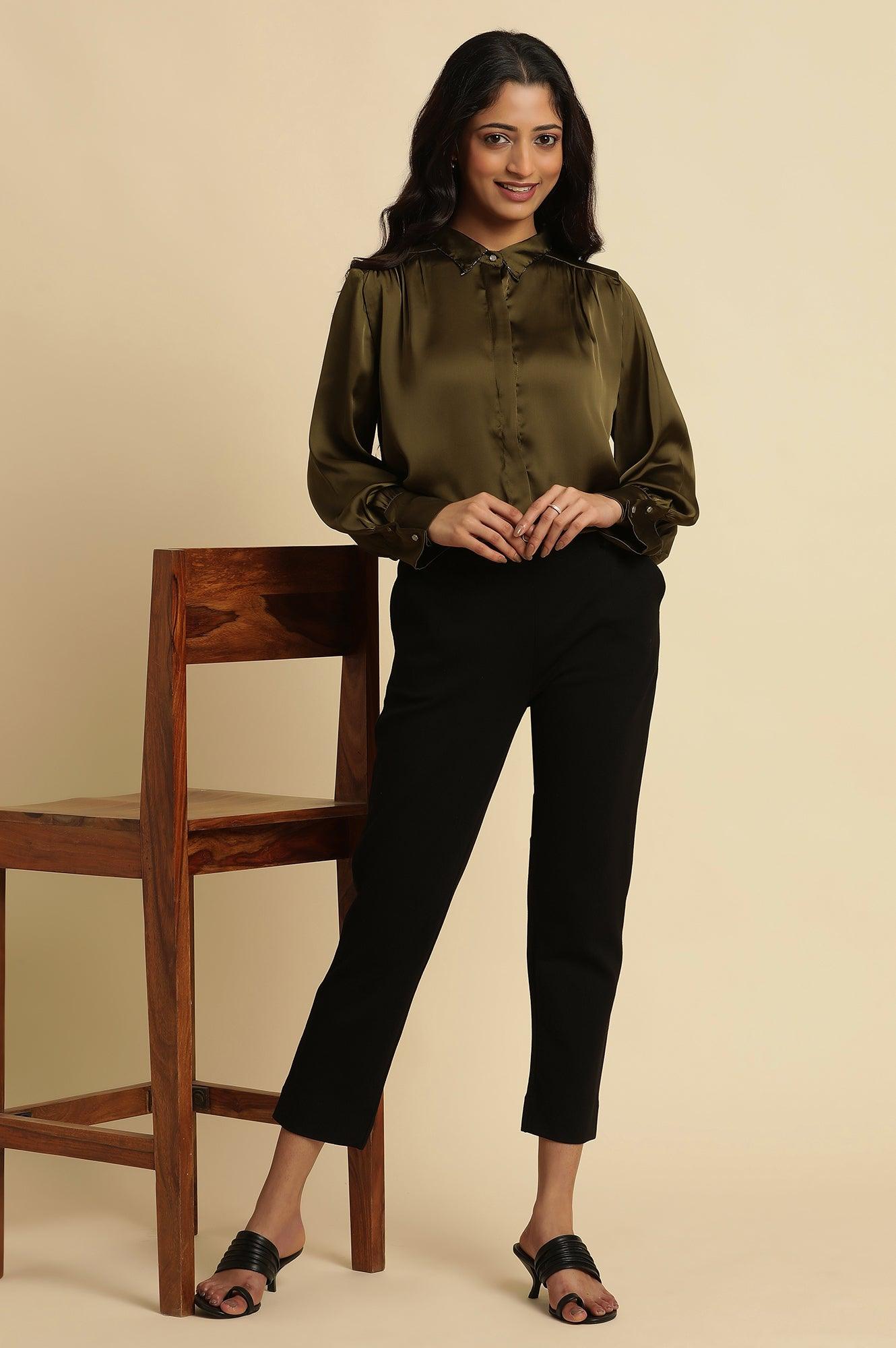 Olive Green Modal Satin Embellished Shirt - wforwoman