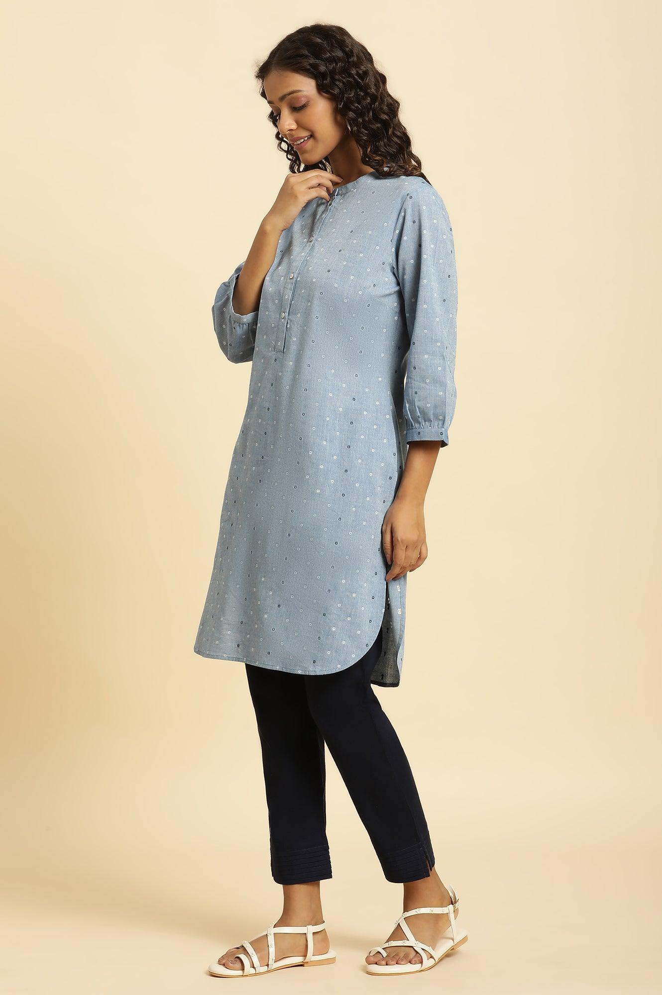 Blue Yarn Dyed Polka Dot Tunics - wforwoman