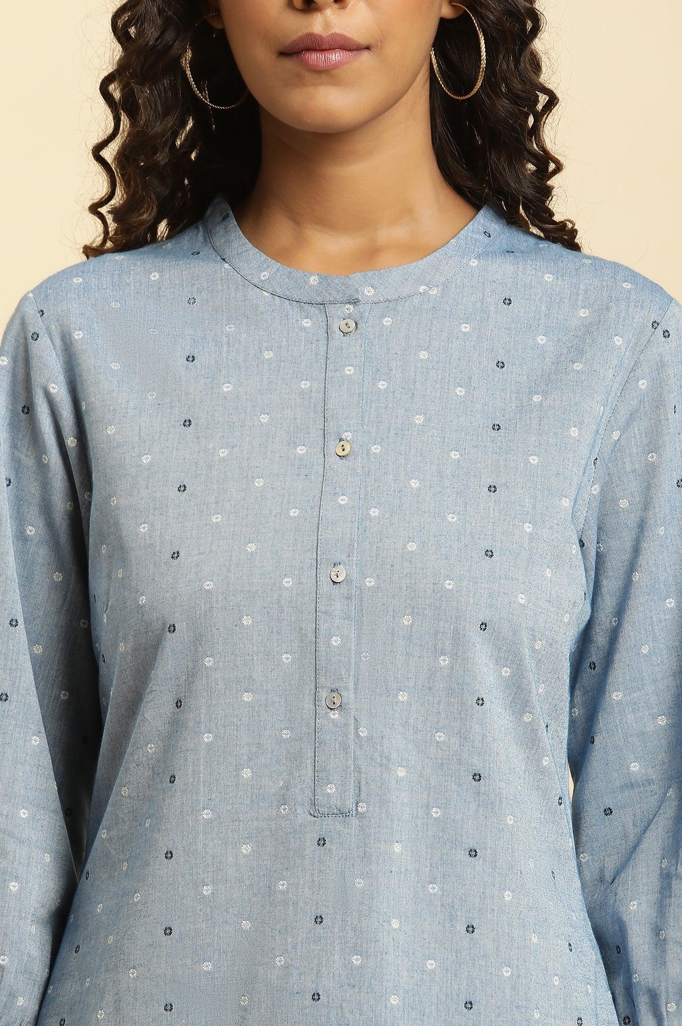 Blue Yarn Dyed Polka Dot Tunics - wforwoman