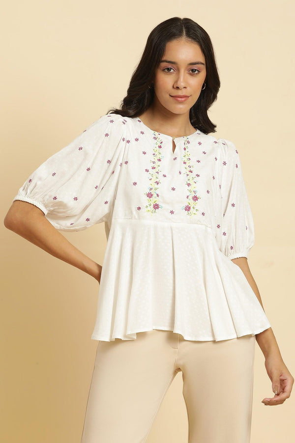 White Peplum Cotton Top with Embroidered Yoke