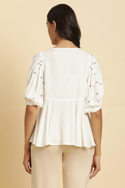 White Peplum Top With Embroidered Yoke - wforwoman