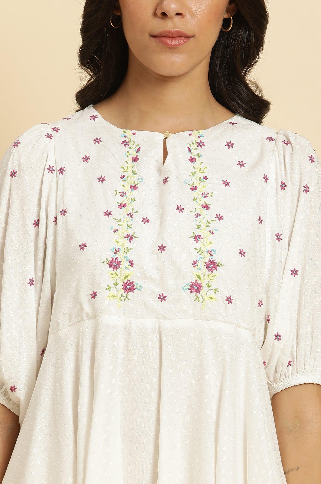 White Peplum Top With Embroidered Yoke - wforwoman