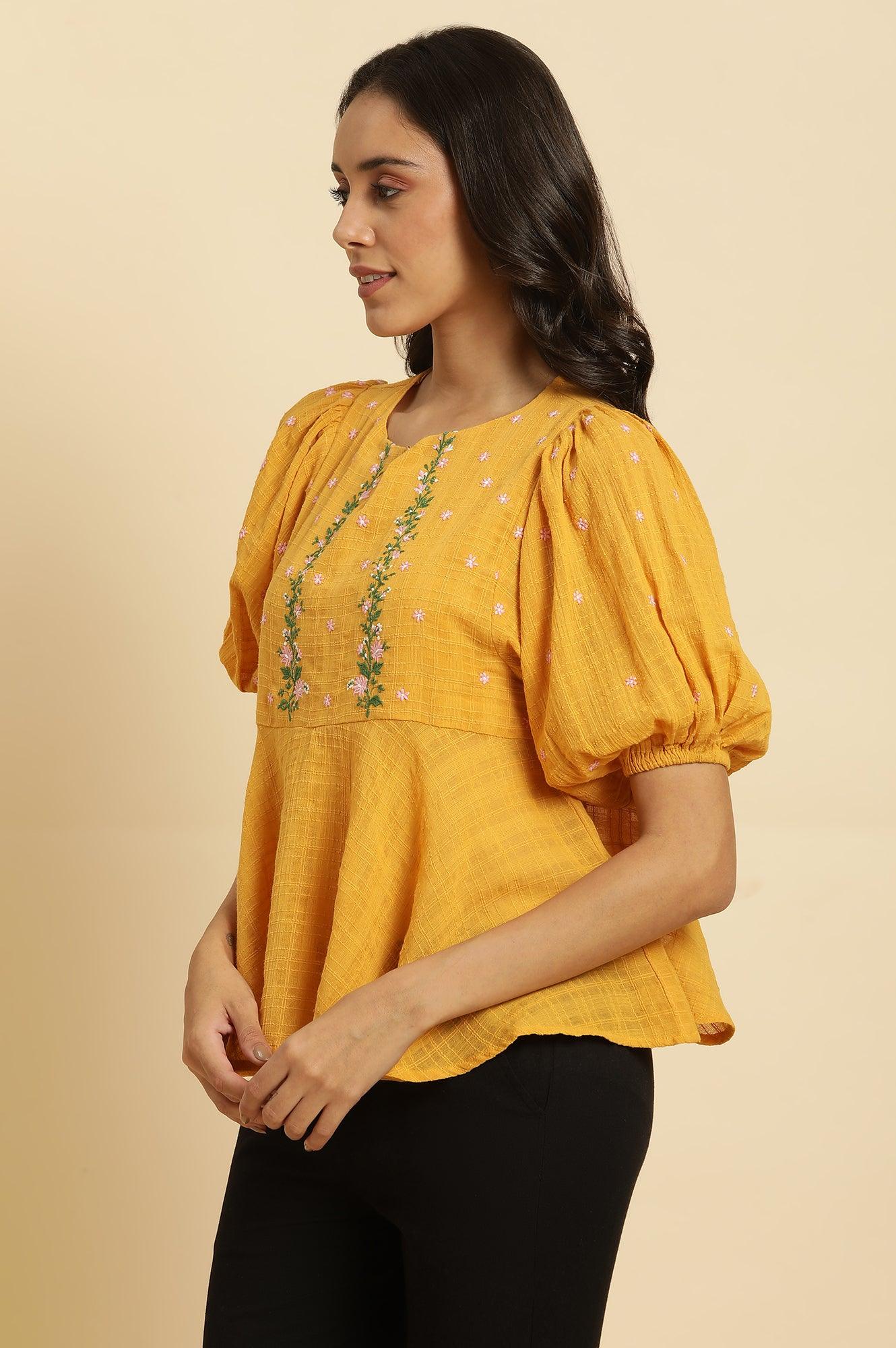 Yellow Peplum Top With Embroidered Yoke - wforwoman