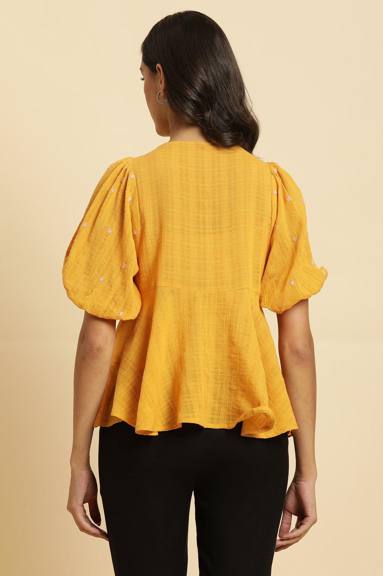 Yellow Peplum Top With Embroidered Yoke - wforwoman