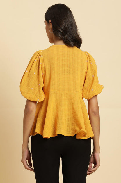Yellow Peplum Top With Embroidered Yoke - wforwoman