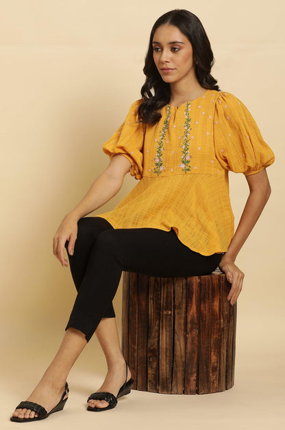 Yellow Peplum Top With Embroidered Yoke - wforwoman