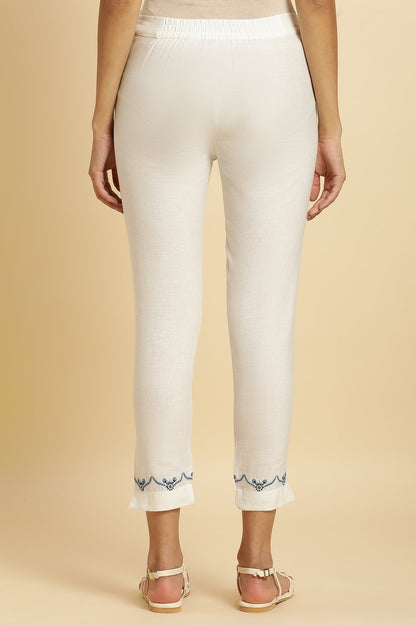 White Solid Embroidered Slim Cotton Pants