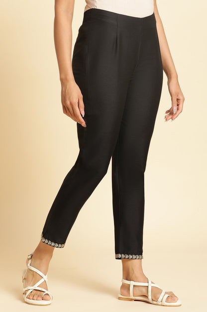 Black Metallic Embroidery Cotton Blend Straight Kurta and Slim Pant Set