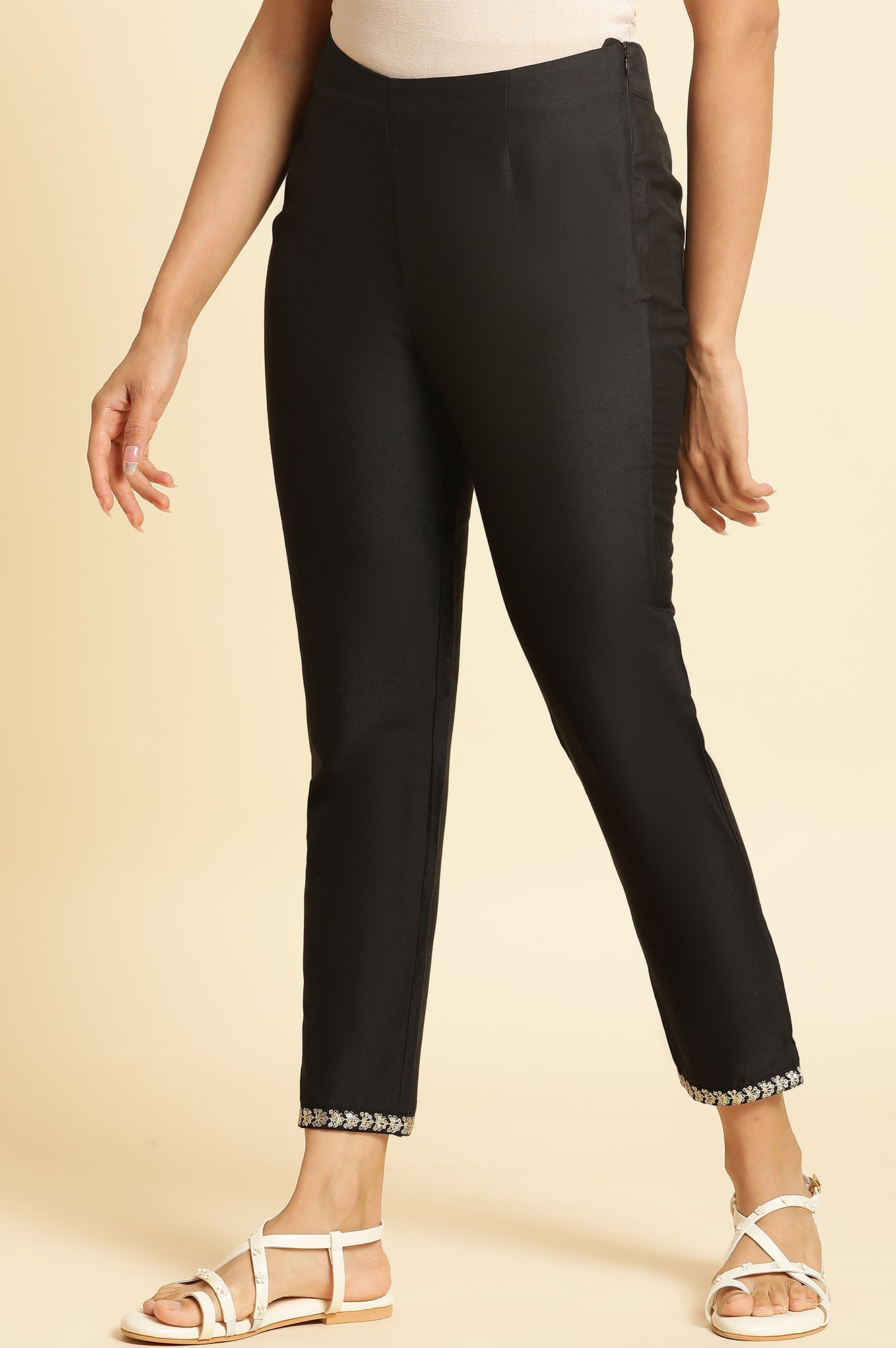 Black Metallic Embroidery Cotton Blend Straight Kurta and Slim Pant Set