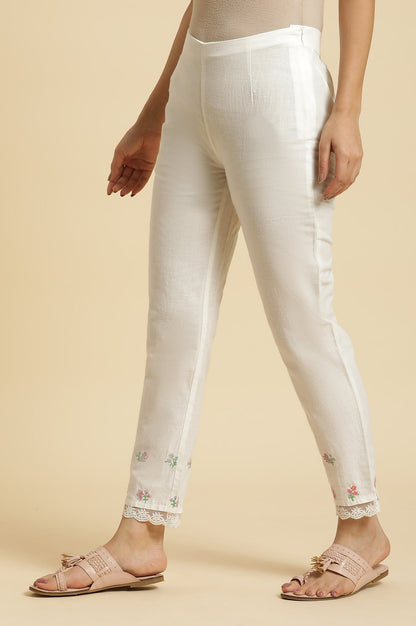 White Floral Printed Thread Work Pure Cotton A-Line Kurta and Slim Pant Set