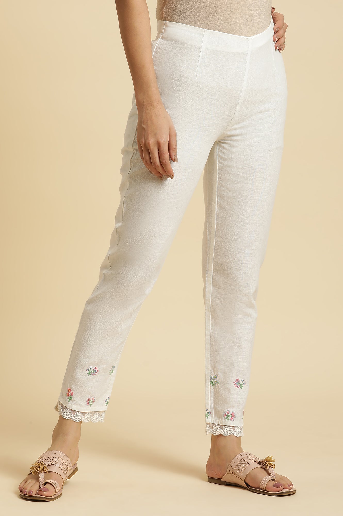 White Striped Schiffli Rayon Dobby Straight Kurta and Slim Pant Set