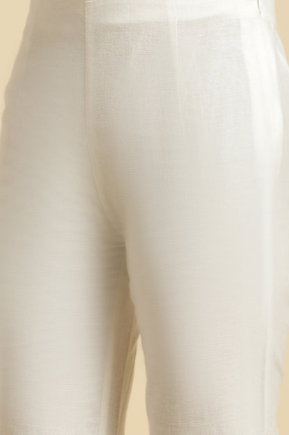 White Solid Floral Lace Trim Straight Cotton Slim Pant