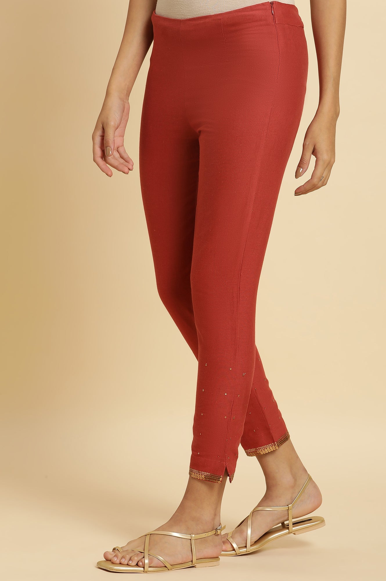 Red Solid Sequined Straight Cotton Slim Pant