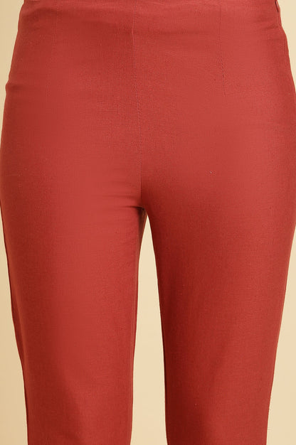 Red Solid Sequined Straight Cotton Slim Pant