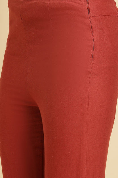 Red Solid Sequined Straight Cotton Slim Pant