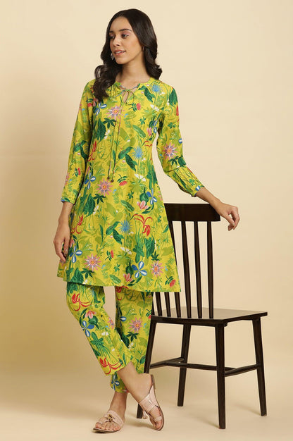 Green Floral Printed A-Line Kurta &amp; Pants Co-Ord Set - wforwoman