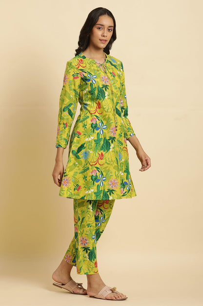 Green Floral Printed A-Line Kurta &amp; Pants Co-Ord Set - wforwoman