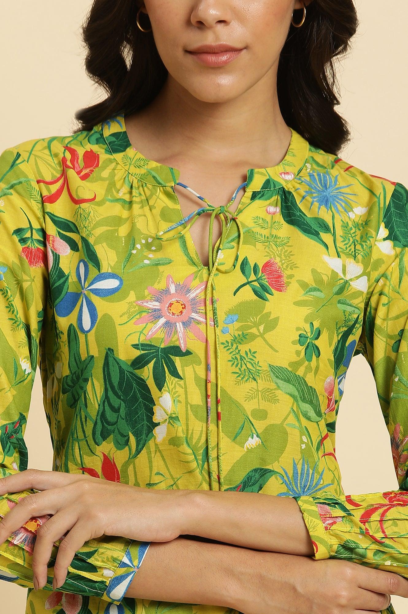 Green Floral Printed A-Line Kurta &amp; Pants Co-Ord Set - wforwoman