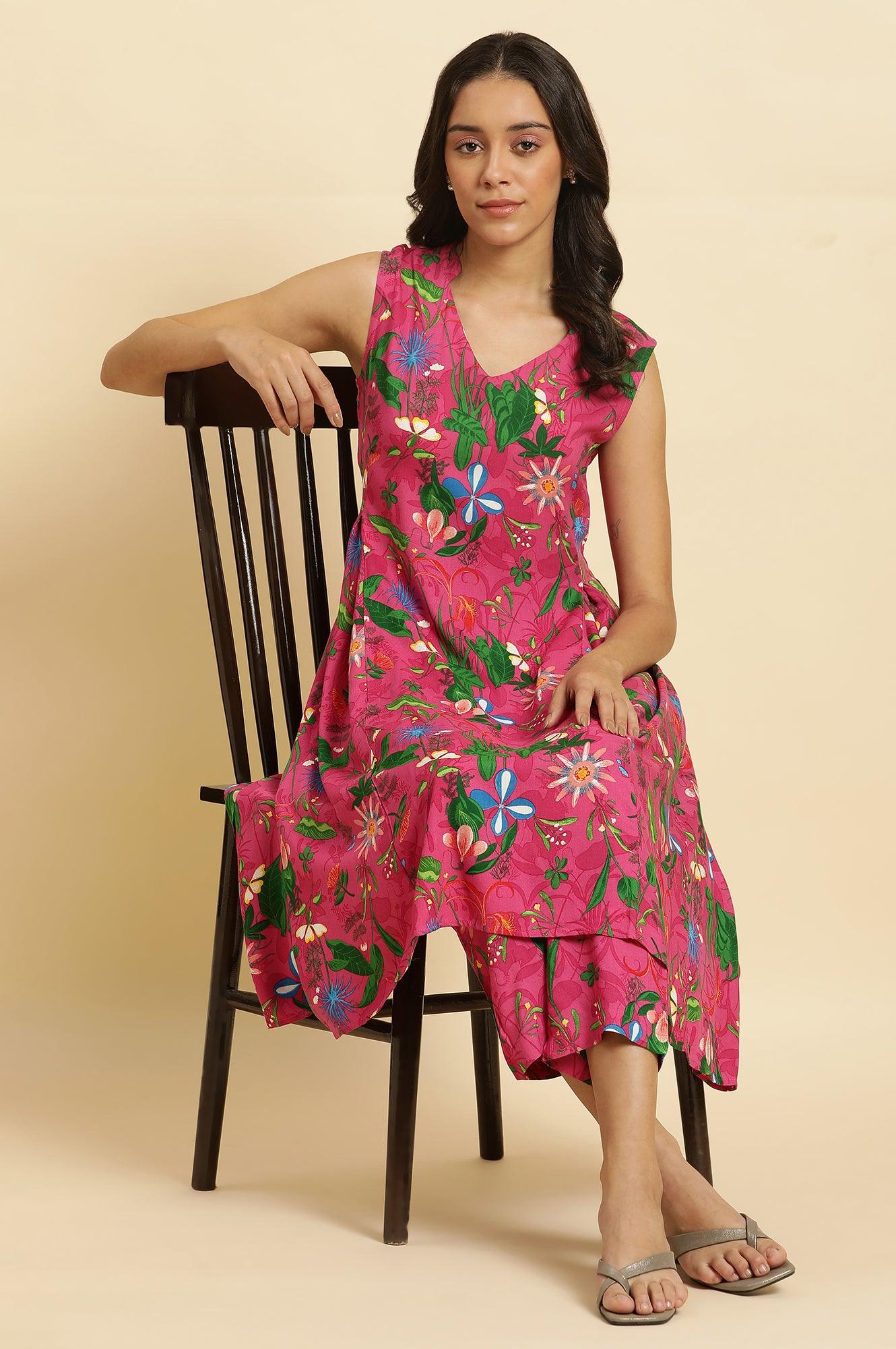 Pink Floral Printed Sleeveless Kurta &amp; Pants Co-Ord Set - wforwoman