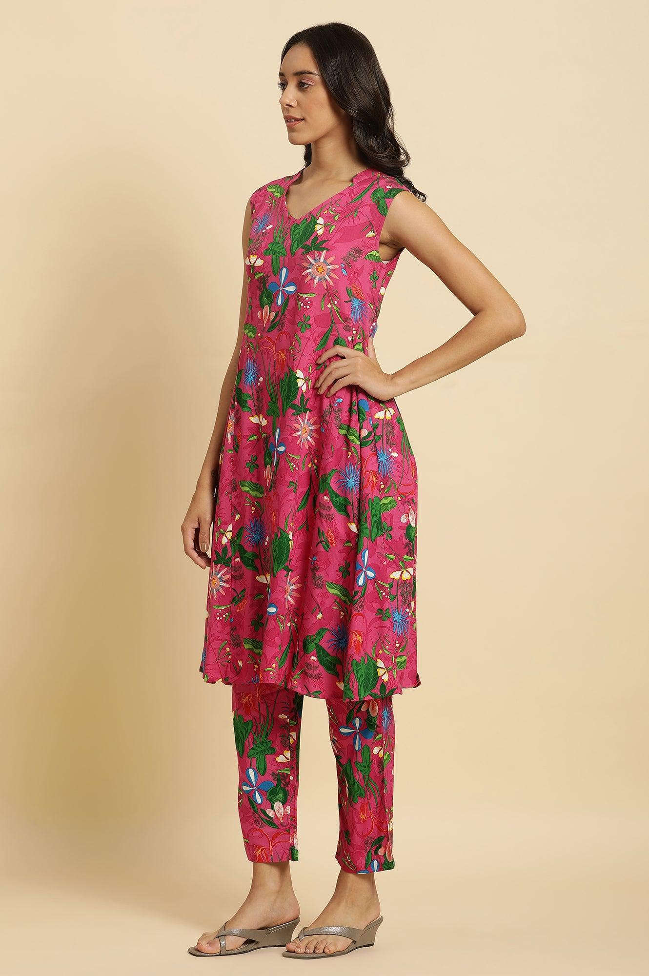 Pink Floral Printed Sleeveless Kurta &amp; Pants Co-Ord Set - wforwoman