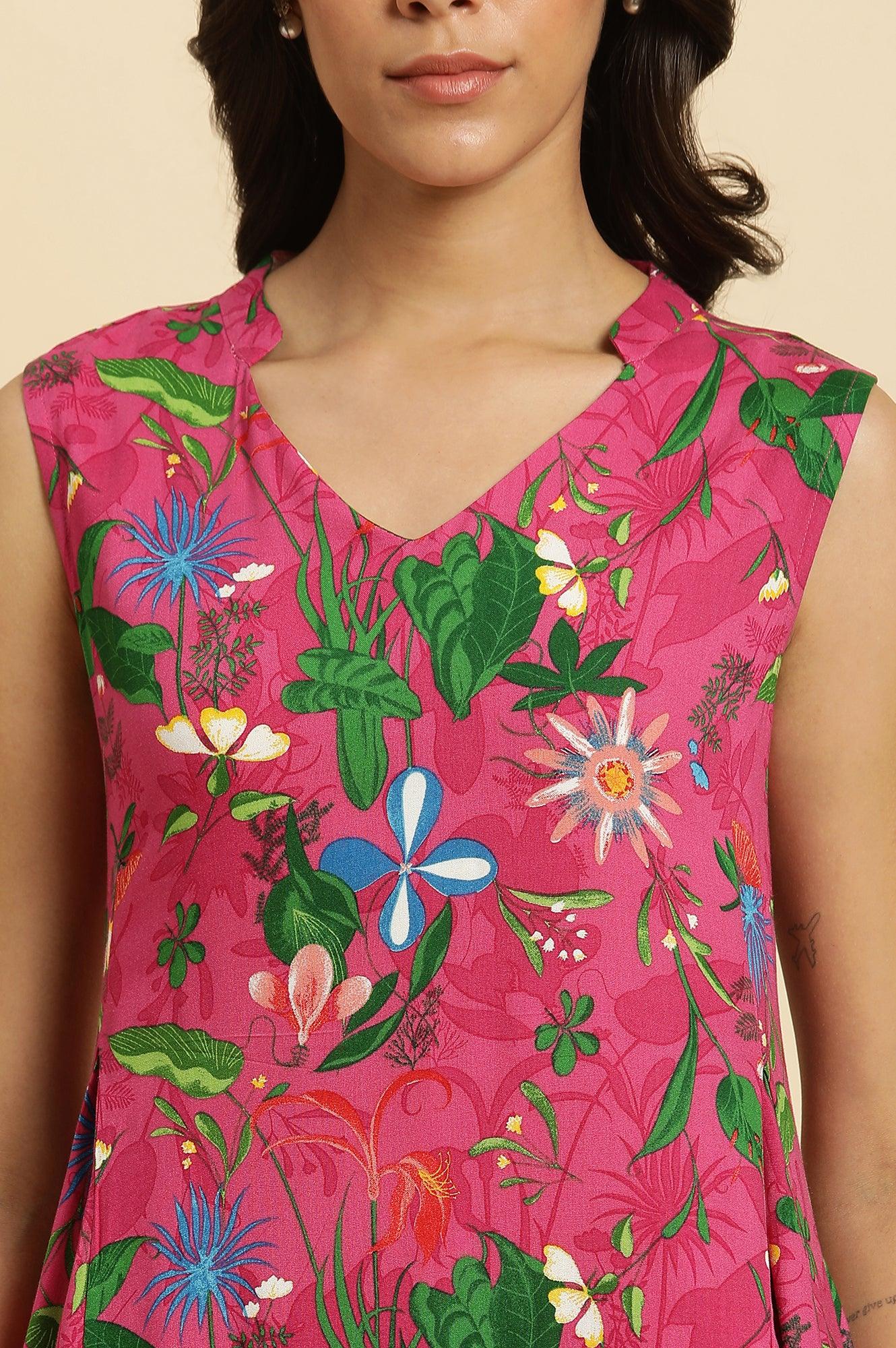 Pink Floral Printed Sleeveless Kurta &amp; Pants Co-Ord Set - wforwoman