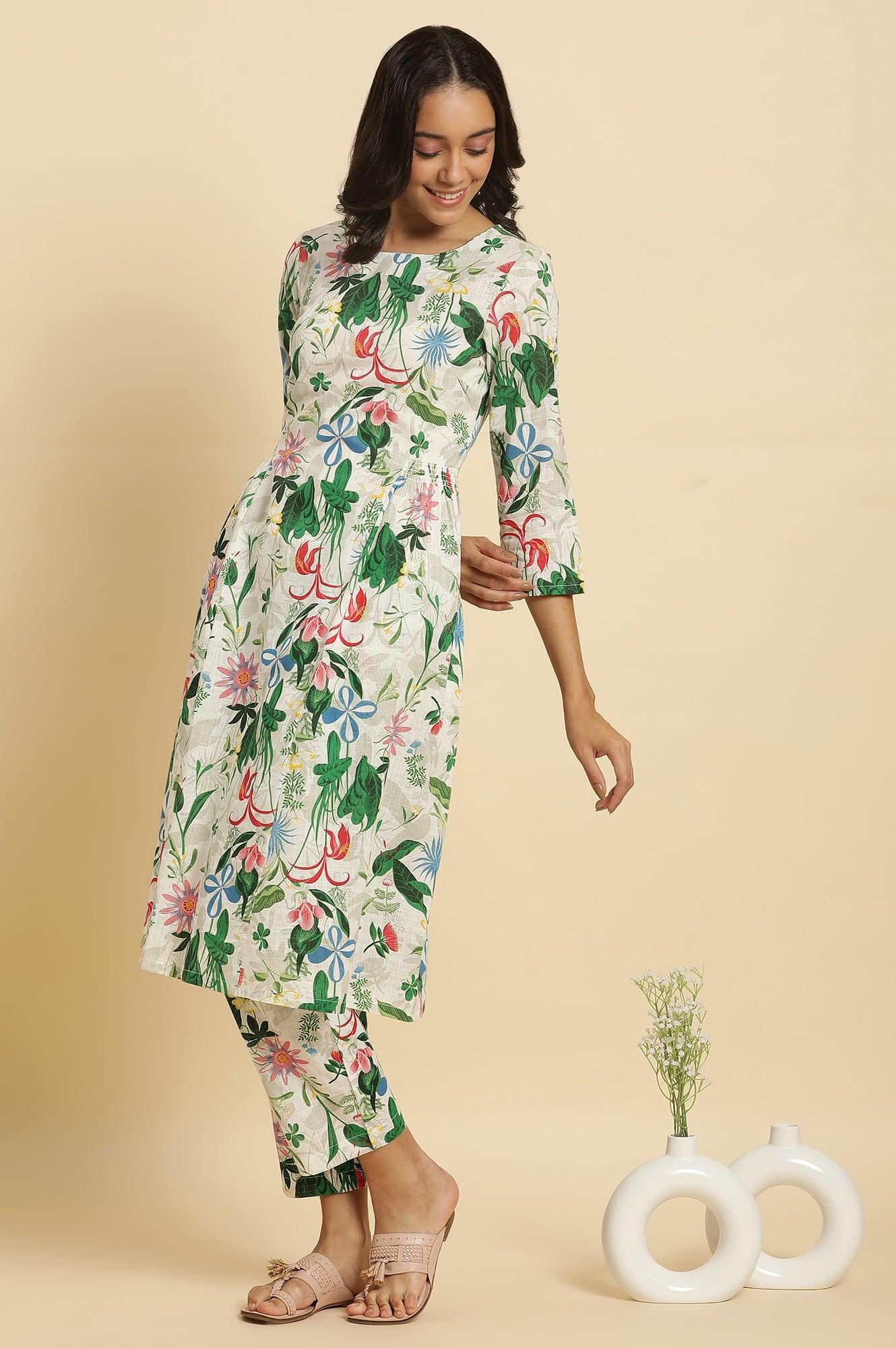 White Floral Printed A-Line Kurta And Pants Co-Ord Set - wforwoman