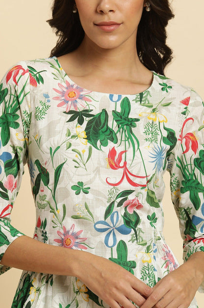 White Floral Printed A-Line Kurta And Pants Co-Ord Set - wforwoman