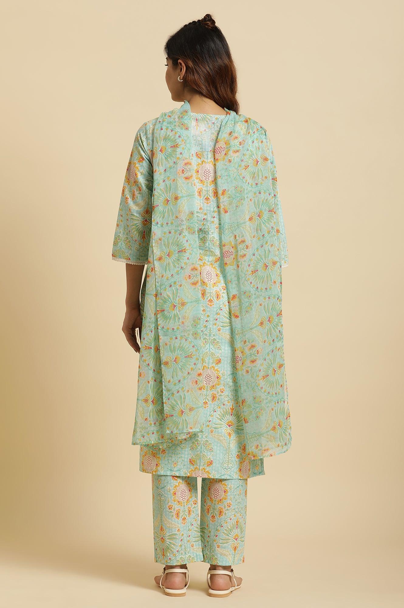 Light Green Floral Printed Kurta, Pants &amp; Dupatta Set - wforwoman