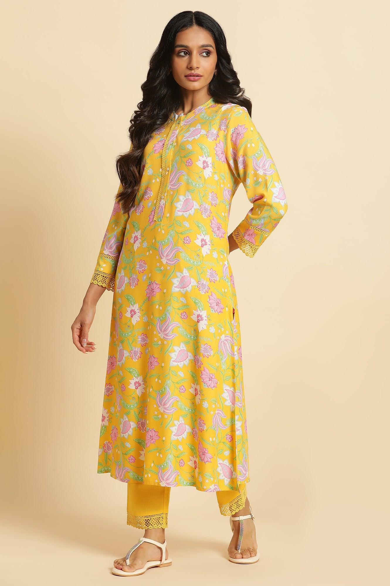 Bright Yellow Floral Printed Kurta &amp; Pants Set - wforwoman