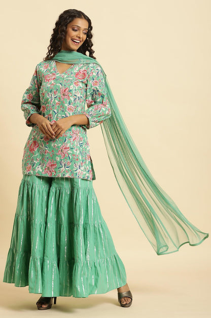 Mint Green Printed Short Kurta, Tiered Sharara And Dupatta - wforwoman