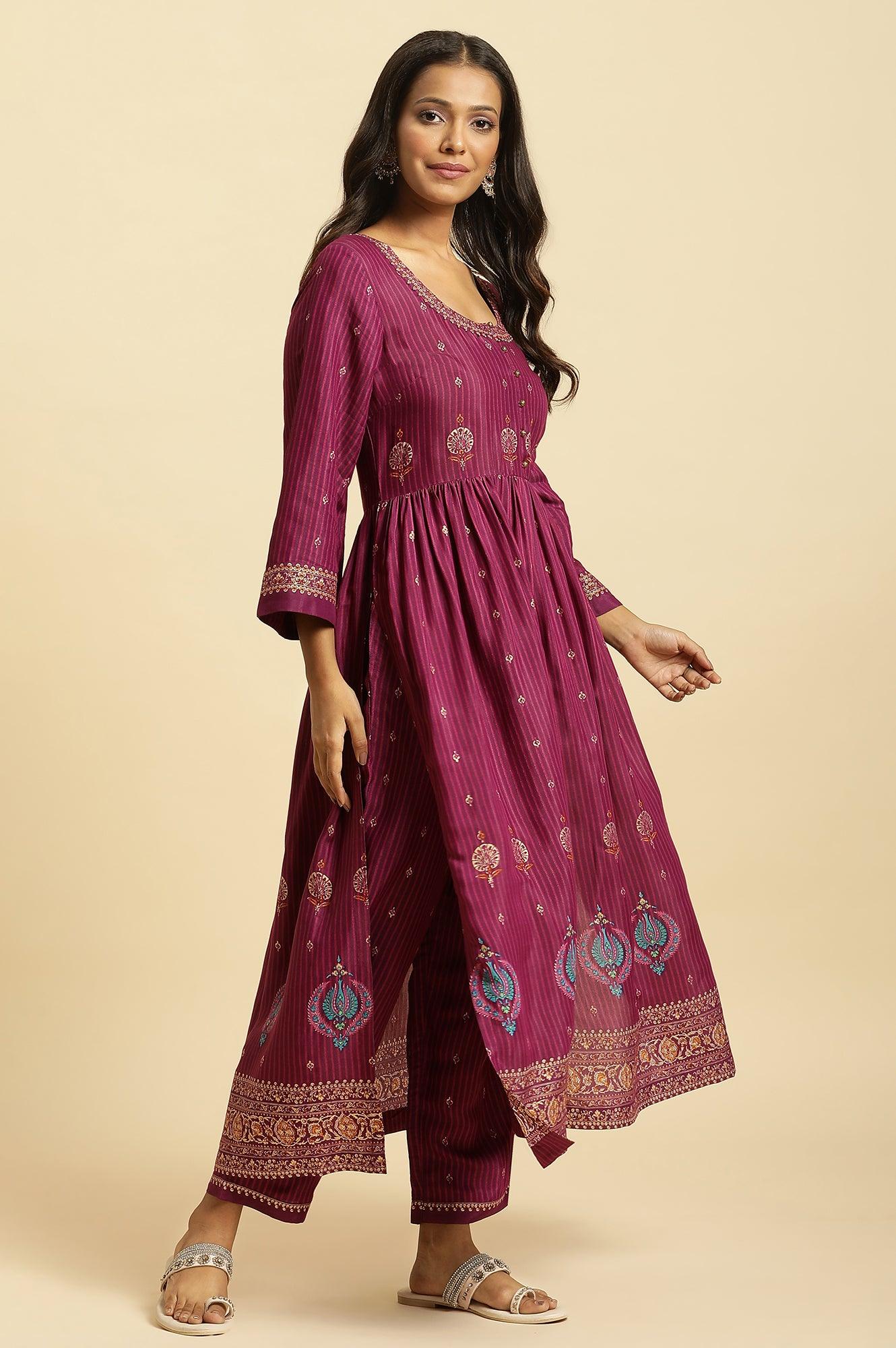 Purple Embellished Kurta, Pants And Dupatta Set - wforwoman